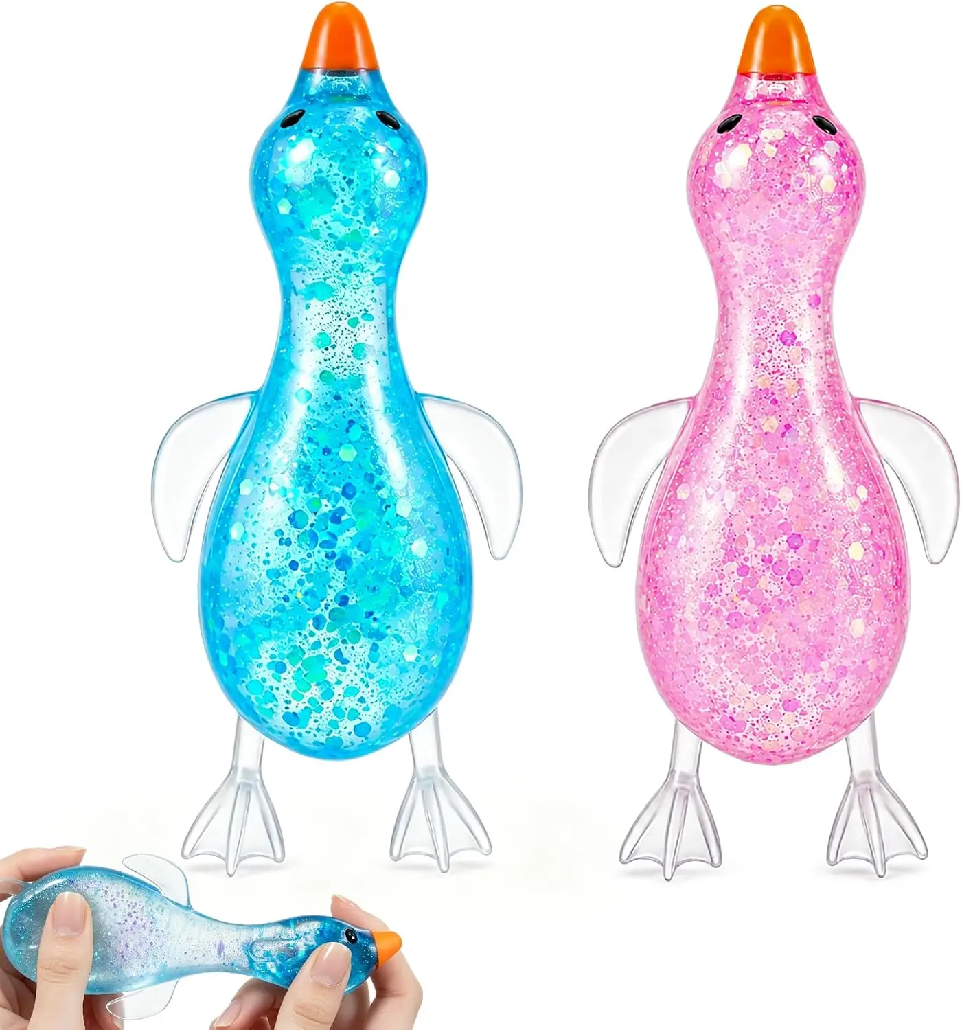 Glitter Slow-Rising TPR Rubber Duck & Goose Squishy Stress Balls - Unisex Stress Reliever, 12+ Years Sensory Fidget Toys, Classroom Prizes