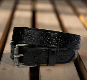Tooled Western Scull Carved Leather Belt 100% Genuine Full Grain Cowhide Engraved Genuine Leather Rocker Belt
