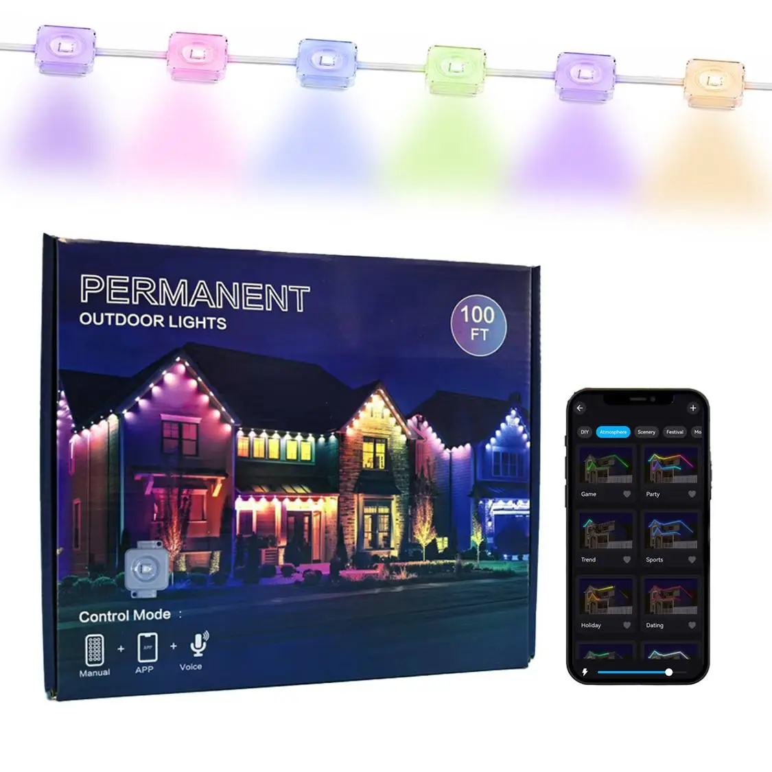 Christmas Outdoor Decorative Light, RGB Smart Rainbow LED Light, IP67 Waterproof Atmosphere Light Suitable for House Outdoor, Holiday Decor, Christmas