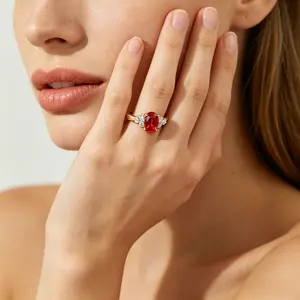 1 Carat Bouquet Red Gemstone Ring for Women|Lab-Created Pigeon Blood Red, Gold Plated Setting, Light Luxury Premium, Brightening Birthday Gift