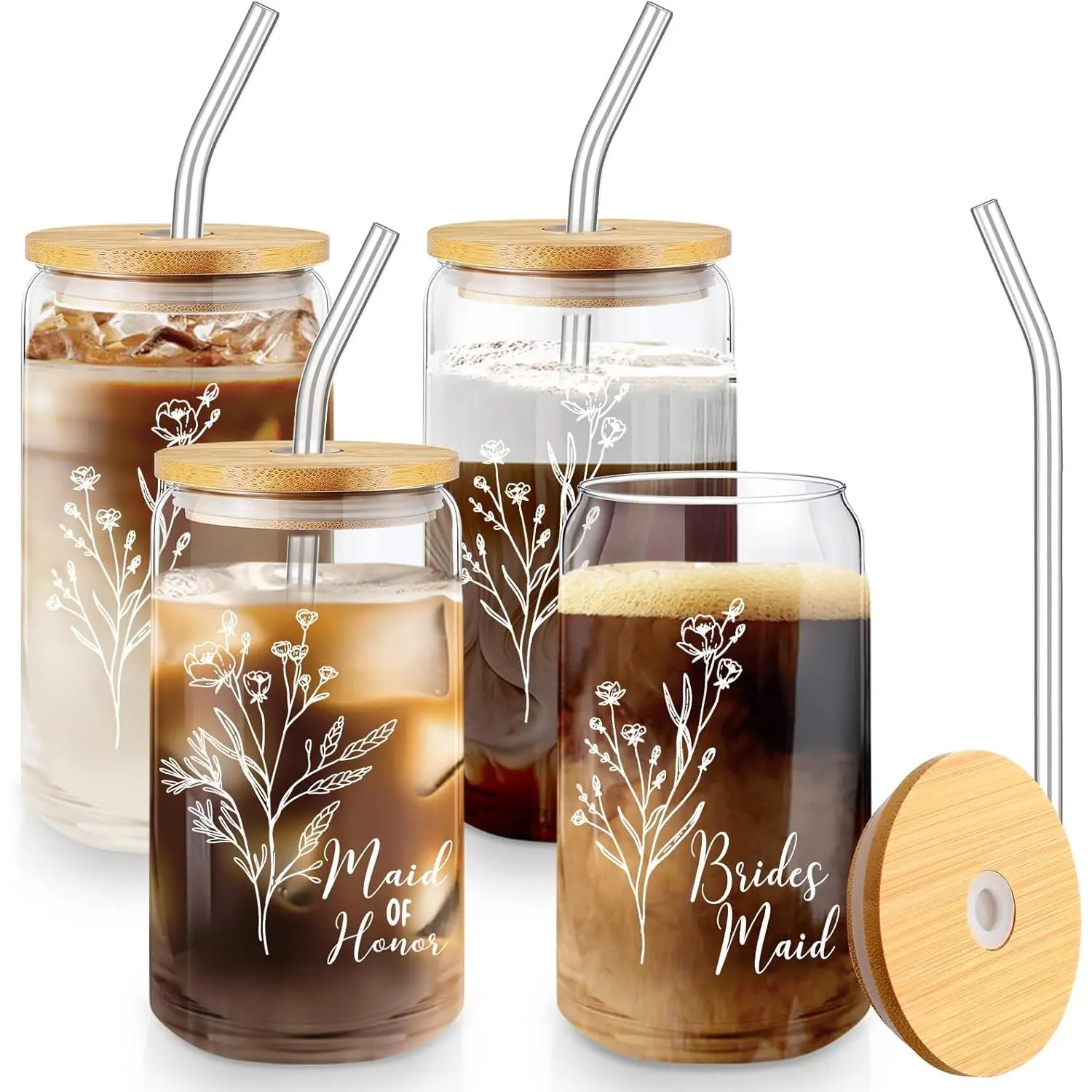 4 count Bridesmaid Gifts Bridesmaid Proposal Gifts 16 Oz Cute Can Shaped Drinking Glasses with  Lids and Glass Straw Iced Coffee Cup Mason Jar Cups for Engagement Wedding Bridal