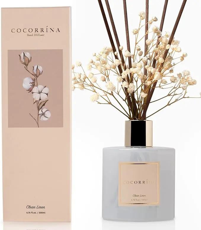 Reed Diffuser Set, Clean Linen 6.7 fl oz Scented Diffuser with Sticks Home Fragrance Reed Diffuser for Bathroom Shelf Decor