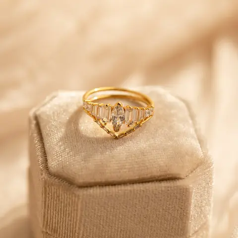 Art Deco Ring Set by Caitlyn Minimalist - Vintage Chevron & Marquise Diamond Rings - Engagement Wedding Ring Set - Girlfriend Gift