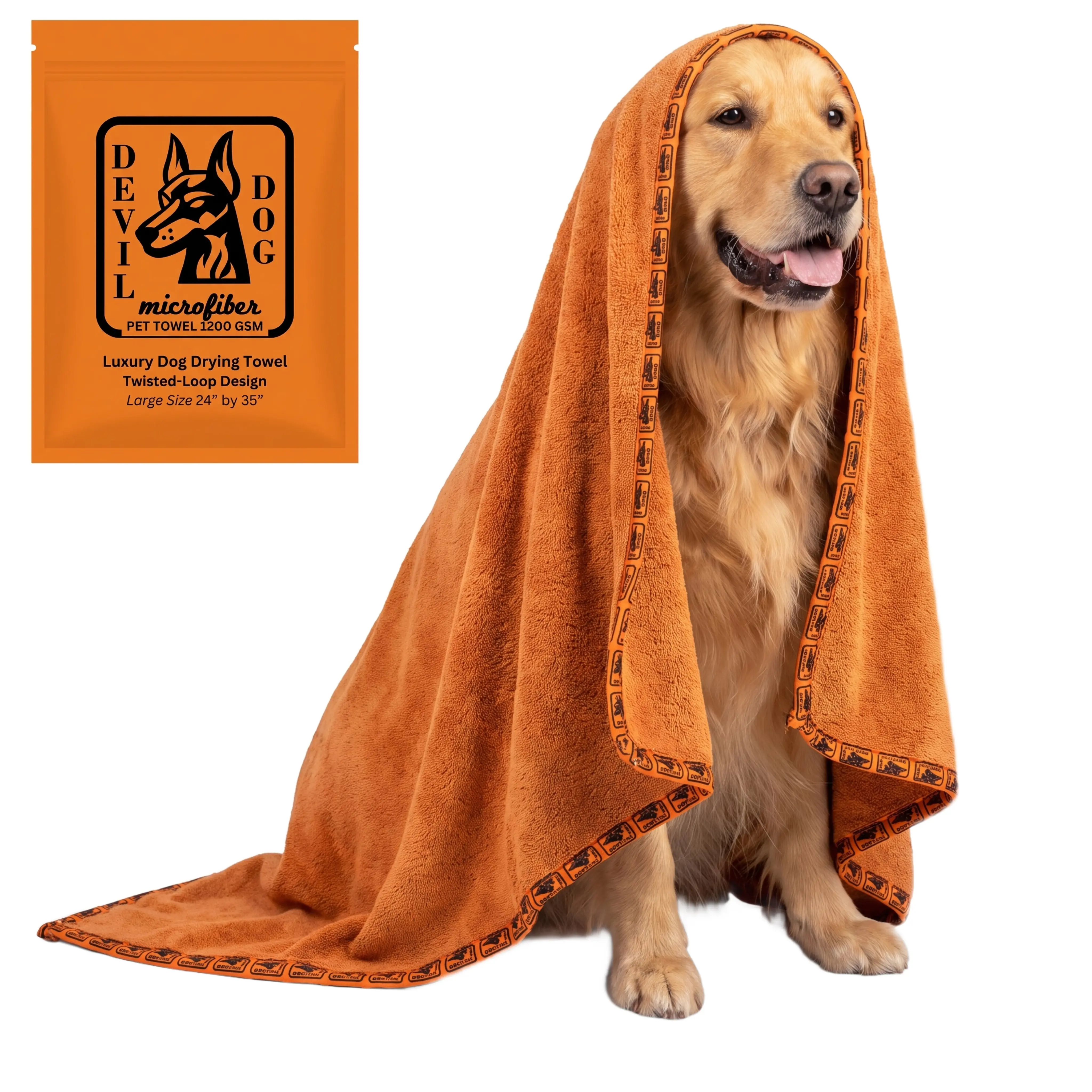 Devil Dog Premium Dog Drying Towel | 1200 GSM Microfiber | 24" × 35" Orange
