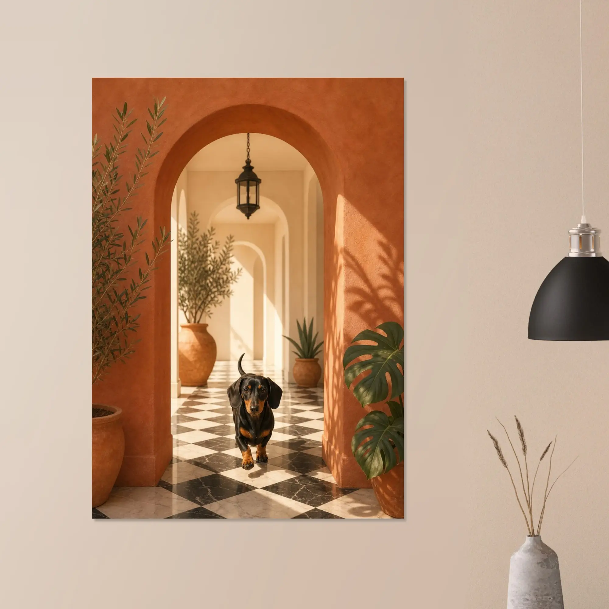Dachshund Poster, Wiener Dog Art, Terracotta Archway Print, Minimalist Pet Illustration, Modern Home Decor,