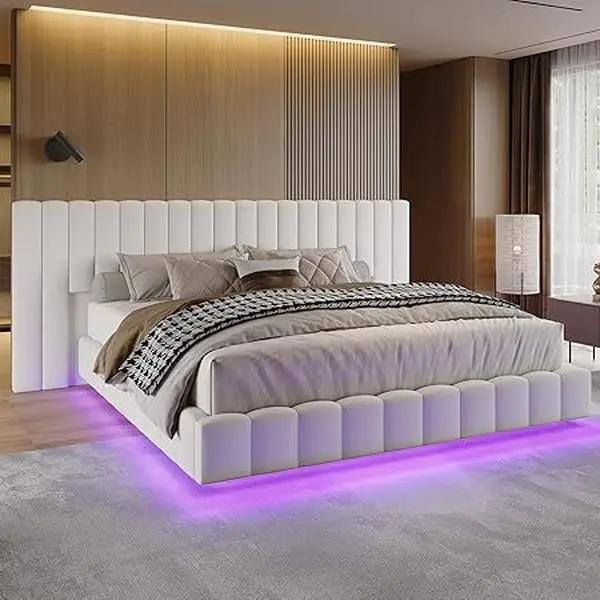 Amerlife King Size Modern Upholstered Bed Frame with LED Lit Velvet Fabric Oversized Headboard, Floating Design, RGB Lights, Channel Tufted Platform Base, No Box Spring Needed, Christmas Gift Idea, Led Lit Headboard #homemakeover