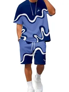 Men's Blue Abstract Wave Print T-Shirt + Shorts Set, Casual Loose-Fitting, All Seasons Daily Wear, Men's Fashion Ensemble