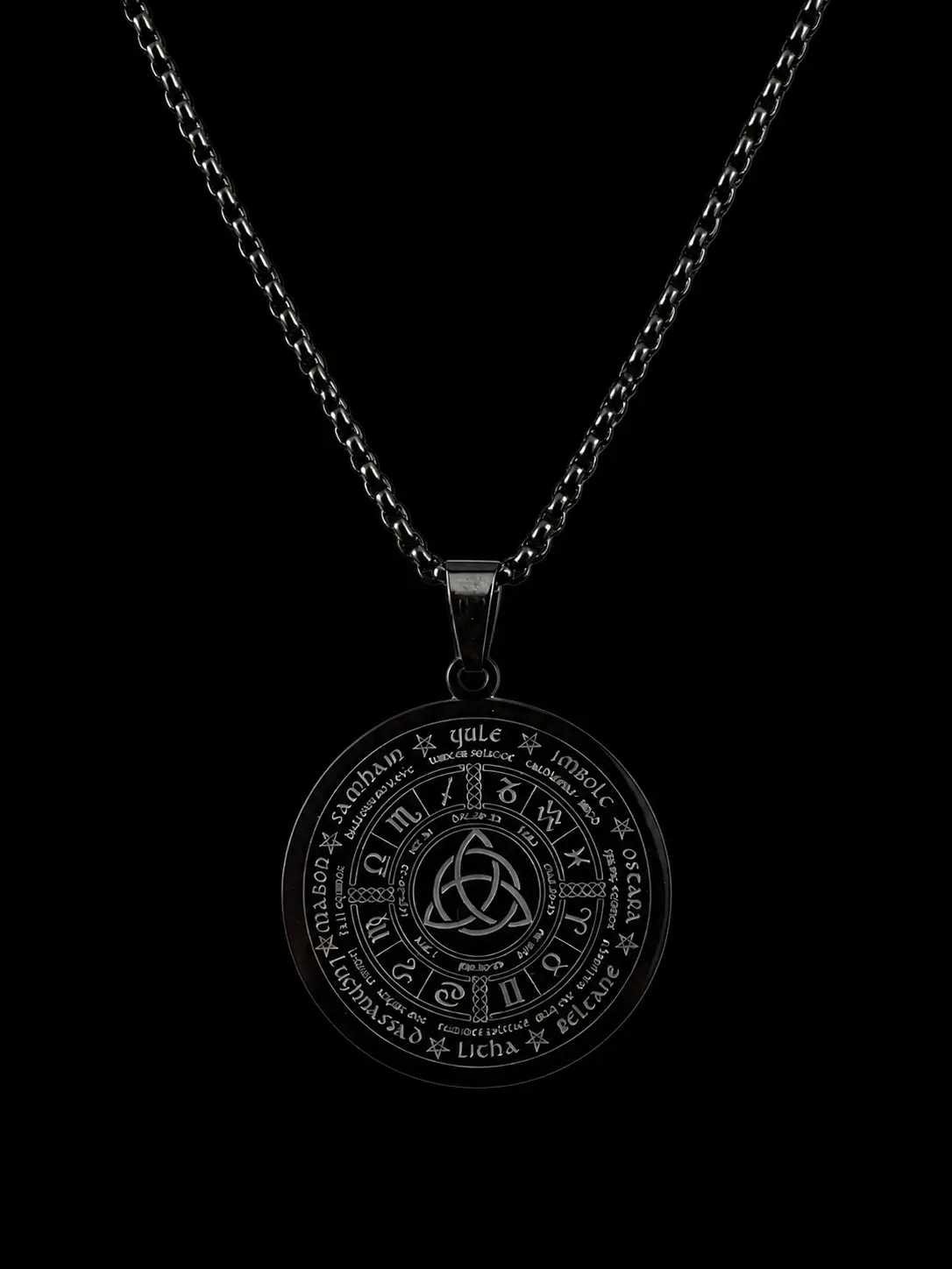 Gothic Necklaces for Men - Fashionable Celtic Zodiac Round Pendant in Black Stainless Steel, Hypoallergenic Amulet for Daily Wear, 60cm Chain, 3.5cm Diameter, Zodiac Symbols, Engraved Necklace, Astrology Pendant Necklace