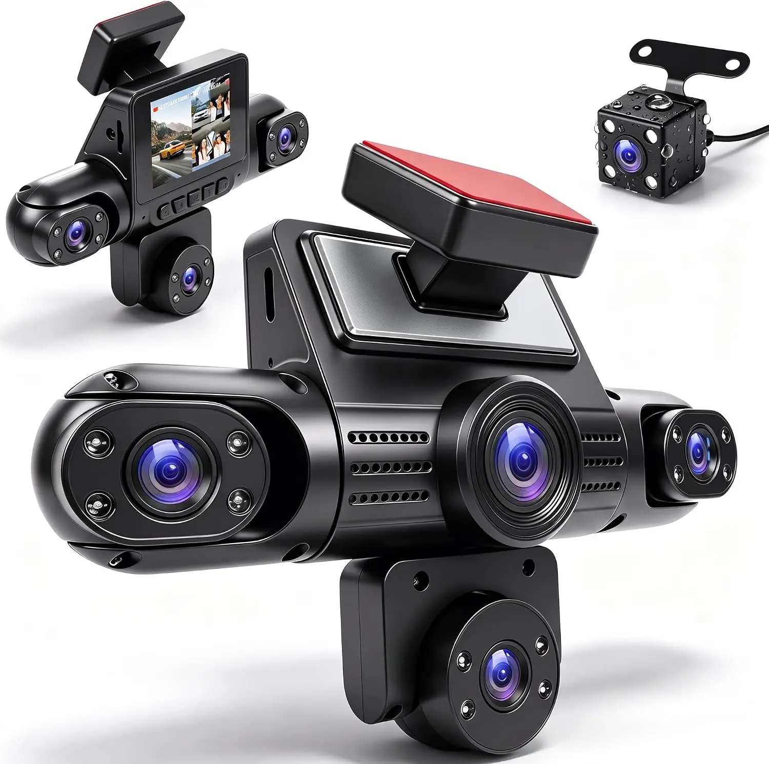 360 Degree 5 Channel Dash Cam, Front and Rear Inside Left Right Car Camera, 2" Screen, Night Vision, Loop Recording, 24H Parking Mode, Reverse View