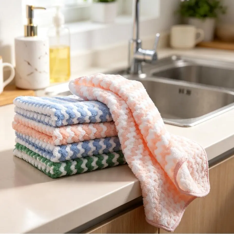 Coral Velvet Microfiber Kitchen Cleaning Cloths, 25x25cm Lint-Free Reusable Absorbent Towels - Non-Scratch, Heat-Resistant Thick Wiping Rags for Household Daily & Baking Use