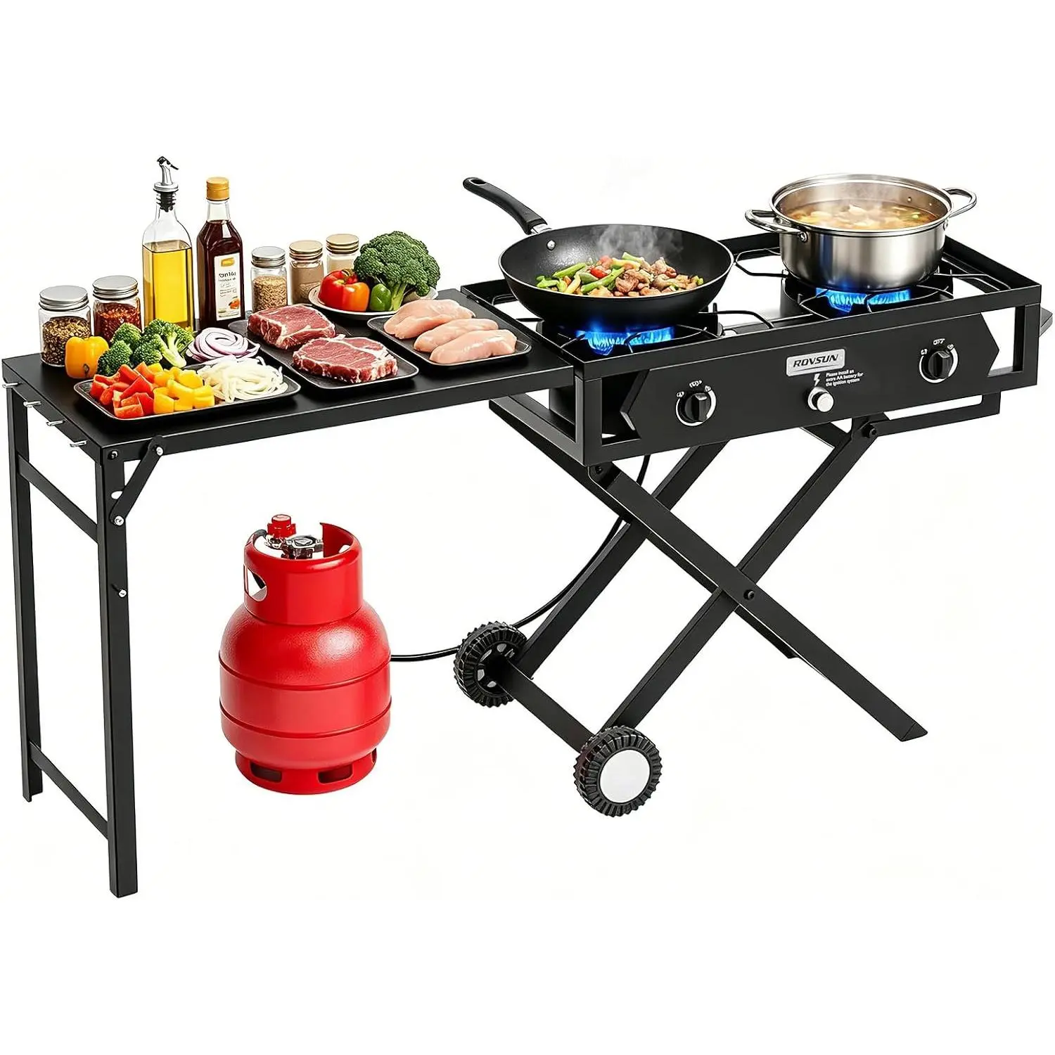ROVSUN 2 Burner Foldable Gas Stove with Side Table, 150,000 BTU Portable Propane Stove with Ignition & Regulator for Camping Home Backyard Cooking Brewing Canning Turkey Frying