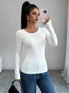 Women's Running T-Shirt Long Sleeve Moisture-Wicking Fitness Top, Soft Fitted Cut Round Neck Base Layer, Casual Plain Design for All Seasons, Minimalist Activewear