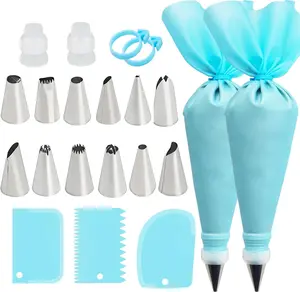Reusable Piping Bags & Tips Set – 12 Icing Tips, 2 Silicone Rings, 2 Couplers, 3 Scrapers for Cake Decorating & Baking"