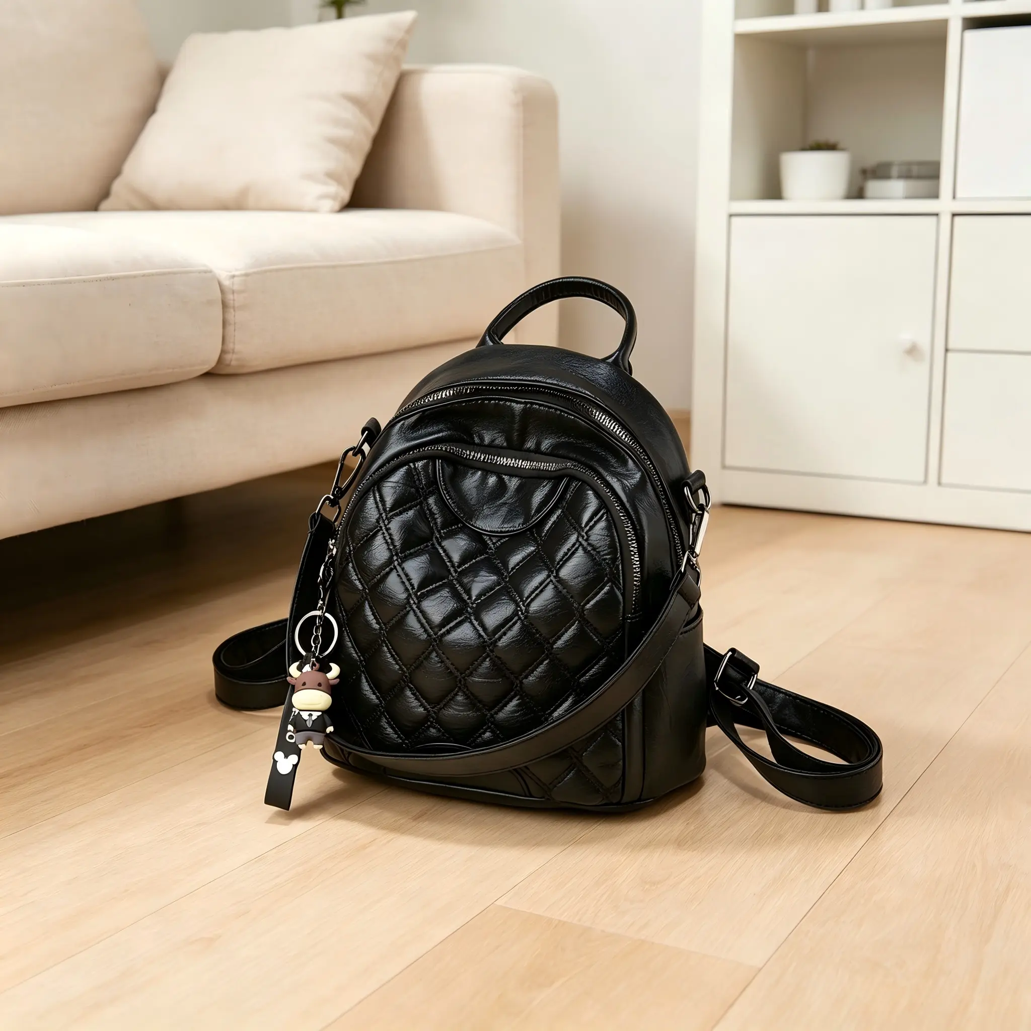Women’s Backpack: High-quality PU fabric mini backpack, Type I double-zip closure design, large capacity and portable | Adjustable shoulder straps | Convenient, compact city style | Suitable for travel, commuting, and school use