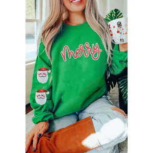 Dark Green Sequin Letter Graphic Father Christmas Patched Sleeve Drop Shoulder Sweatshirt