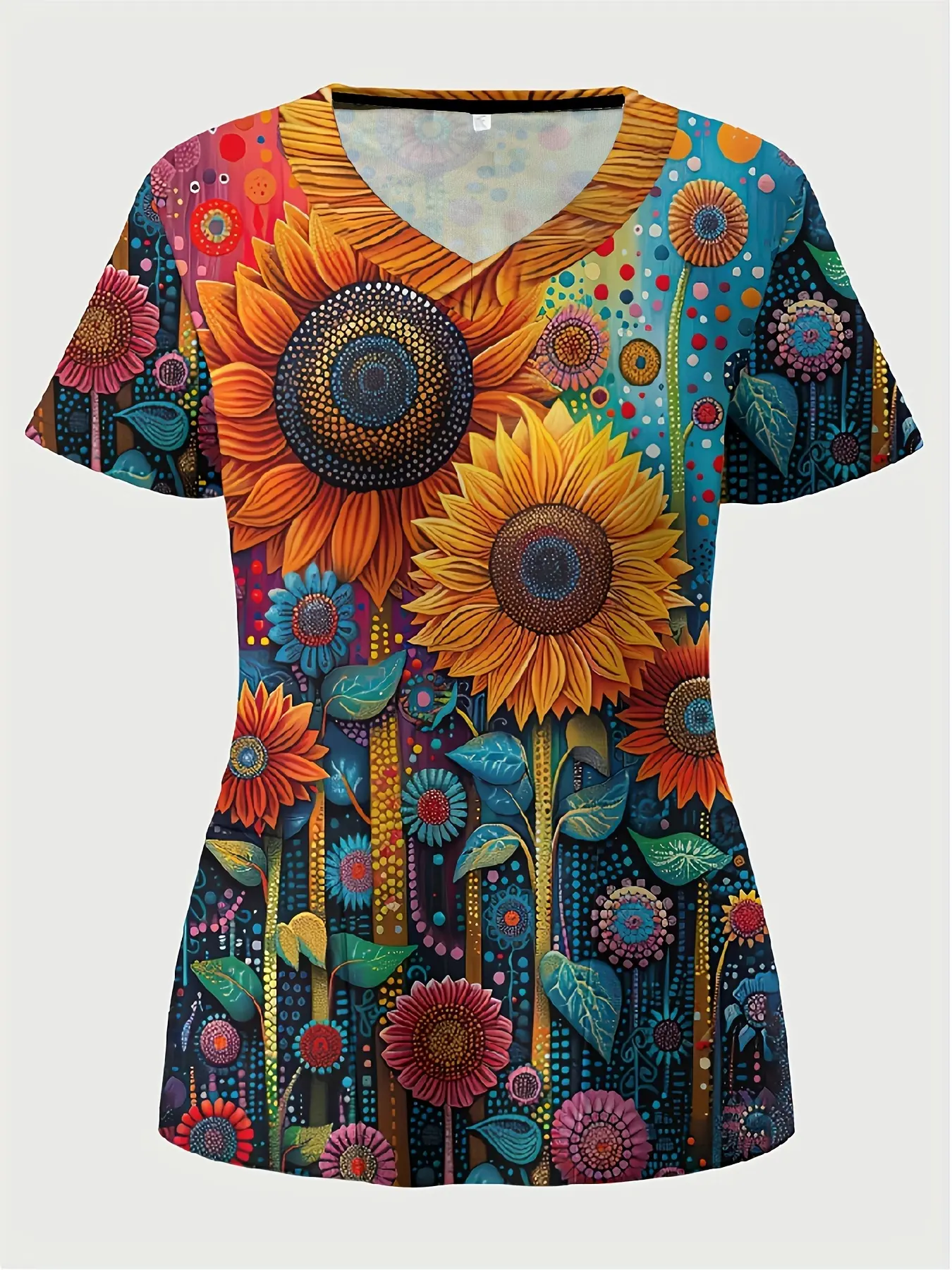 Sunflower Element Print Top - Stylish V-Neck Design, Functional Patch Pocket, High-Quality Healthcare Uniform for Female Professionals - Workwear for Women