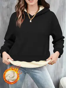 Women's Winter Warm Fleece Hoodie, Everyday Fashion Casual Fitted Lamb Fur Lined Sweatshirt, Thickened Plush Jacket for Cold Weather