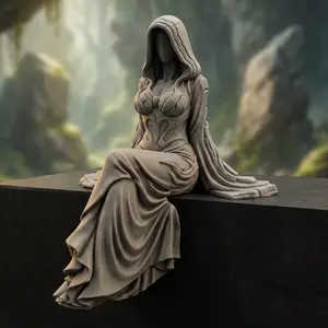 3D Printed Stone Element Hooded Lady Edge-Sitter Statue, Earth Goddess Gothic Cottagecore Home Decor Shelf Sitter Figurine