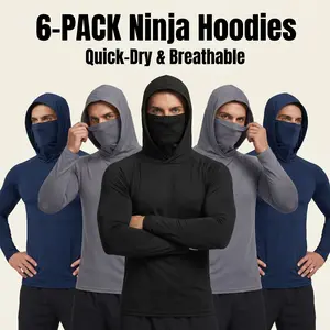 【6-Pack】men's outdoor work sun protection clothing with sun-blocking hoodie, featuring built-in face mask and neck guard, breathable long-sleeve hoodie