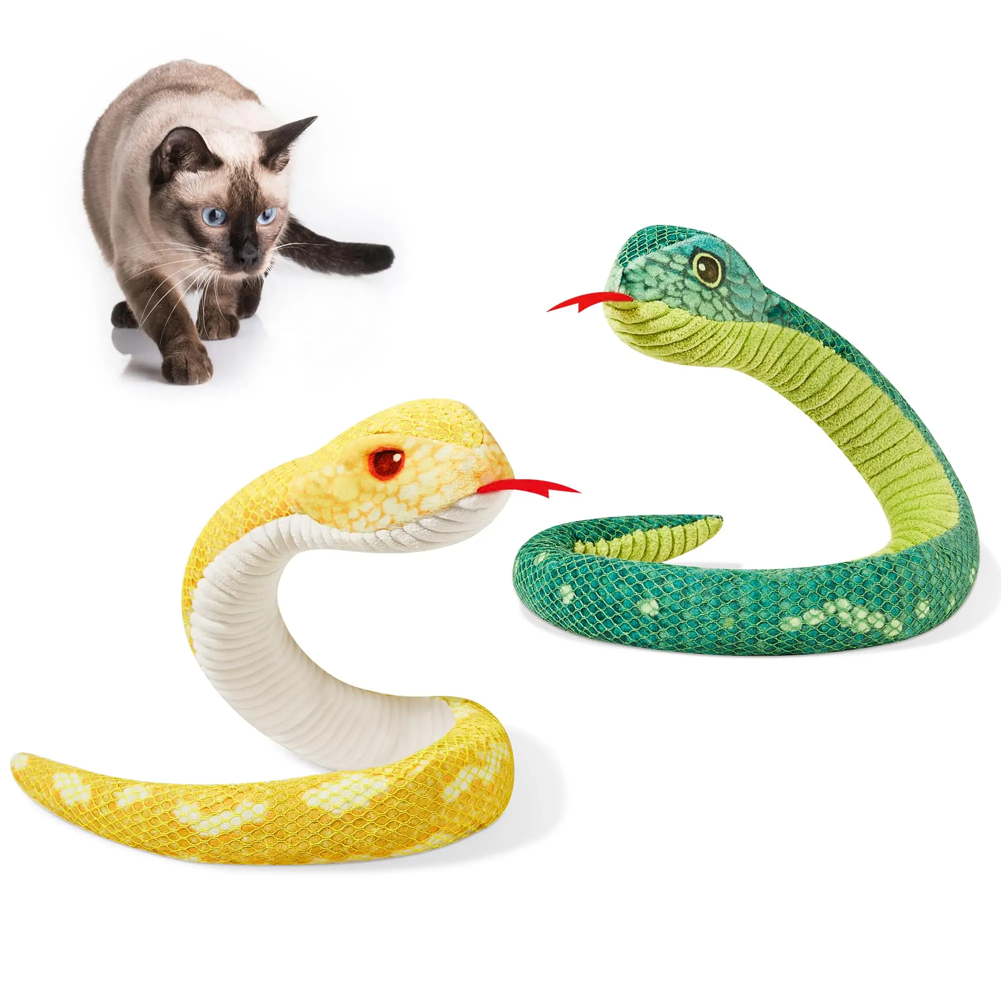 Potaroma Cat Chew Toys Realistic Snake Catnip Crinkly Sound Toy 2 Pcs, Mesh Fabric for Teeth Cleaning, Interactive Kicker Toys for Indoor Kitten Exerc