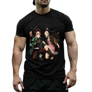 Demon Slayer Tanjiro & Nezuko Men’s Polyester T-Shirt, Anime Siblings Graphic Tee, Lightweight Breathable Crew Neck Top, Black Streetwear Shirt for Demon Slayer Fans