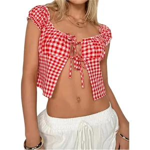 Women's Tie Up Split Front Gingham Square Neck Puff Sleeve Plaid Crop Top Blouse