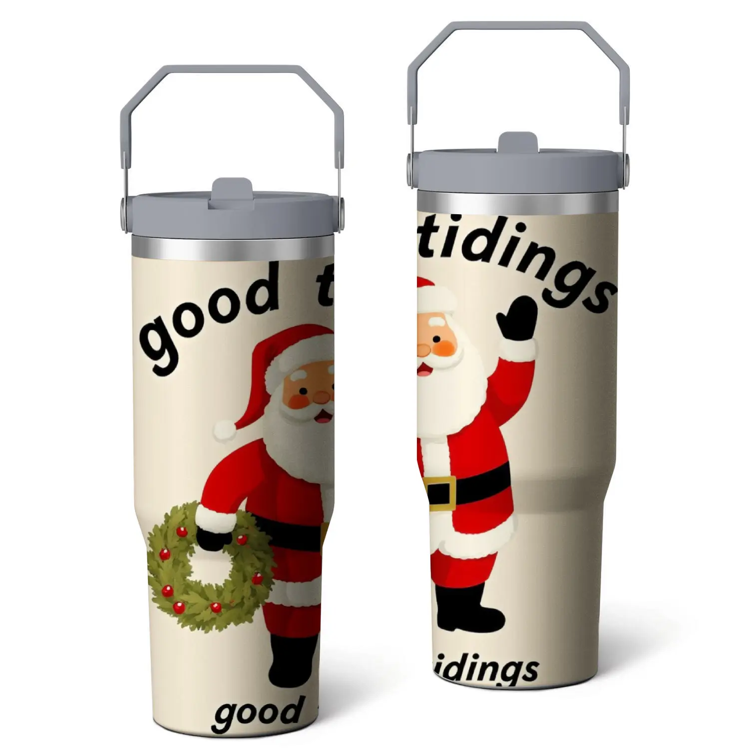 Stainless Steel Tumbler - Cream Color with Santa Claus and Good Tidings Print - Perfect for Holiday Season and Festive Occasions