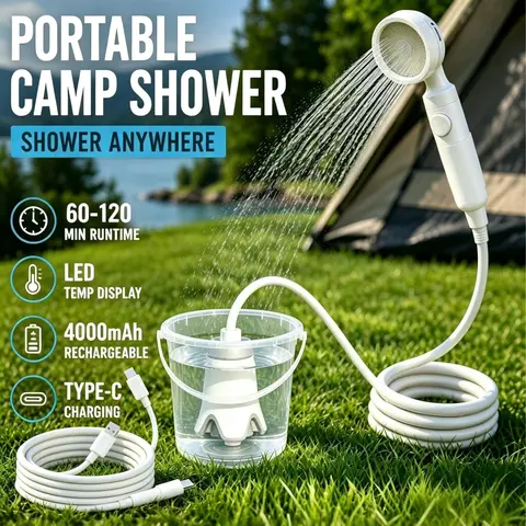 Wetough Compact Rechargeable 4000mAh Electric Camping Pump with Shower Head, Batteries, LED Temp Display - Portable Showers, Intelligent Digital Screen, Multiple Spray Modes for Outdoor Bath Gear