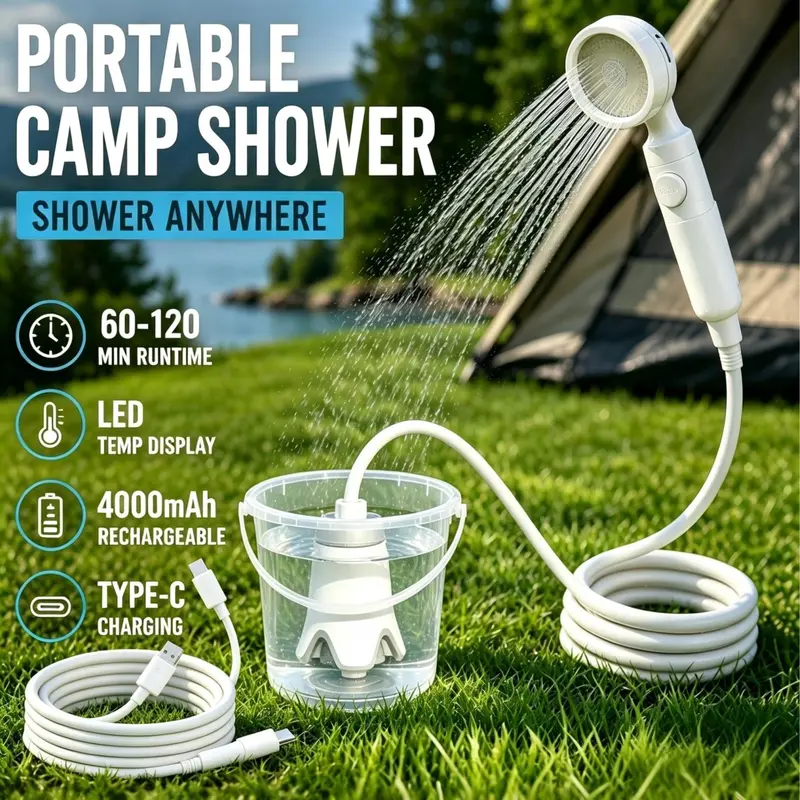 Wetough Compact Rechargeable 4000mAh Electric Camping Pump with Shower Head, Batteries, LED Temp Display - Portable Showers, Intelligent Digital Screen, Multiple Spray Modes for Outdoor Bath Gear