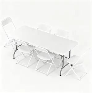 6FT Folding Table and Chairs Set, Portable Table with 6 White Folding Chairs for Party, BBQ, Family Gatherings and Indoor & Outdoor Events activity