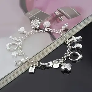 1-Pack Women’s 925 Sterling Silver Bracelet - Heart Key + 13 Small Pendants, Bohemian Style, Shiny Exquisite Fashion Jewelry
