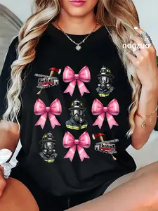 100% Cotton Coquette Bow Firefighting Firefighter Fire Truck Mom Girl T-Shirt