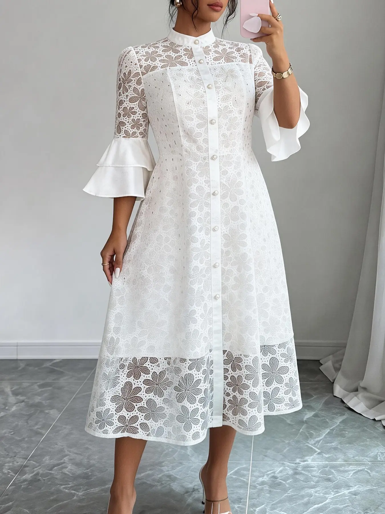 White Patchwork Lace Stand Neck Dress for Women with Flare Sleeve Button A  Line Sheer Elegant Formal Mid-Calf Wedding Guest Dress - TikTok Shop