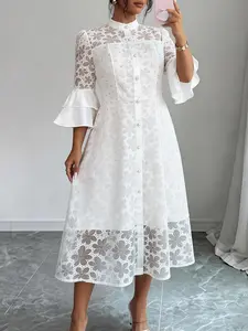 White Patchwork Lace Stand Neck Dress for Women with Flare Sleeve Button A Line Sheer Elegant Formal Mid-Calf Wedding Guest Dress