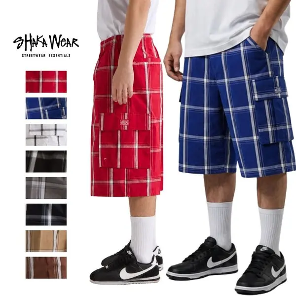 Shaka Wear Men's Retro Plaid Cargo Shorts - 6-Pocket Carry, Stretch Fabric, Drawstrings, Casual Streetwear, Party-Ready Outfits, 6Pocket Carry