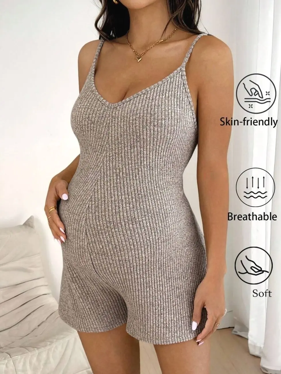 Maternity Jumpsuit, Adjustable Strap Solid Color Romper for Soft Pregnancy Loungewear