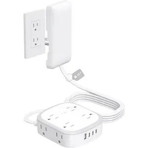Outlet Cover Extension Cord Flat 6ft,  Flat Plug Power Strip with 8 Outlets & 3 USB-C & 1 USB-A Port, 13A/1625W, 1440J Surge Protector, Indoor 3 Prong Flat Wall Plug for Tight Spaces, White