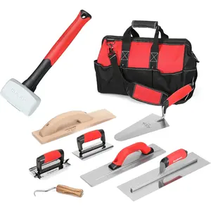 16 oz. Low  Rubber Mallet & 8 count Masonry Hand Tool Set - Includes Finishing Trowel, Gauging Trowel, Groover, Edger, Extruded Magnesium Float,  Float, Wire Twister, Tool Bag