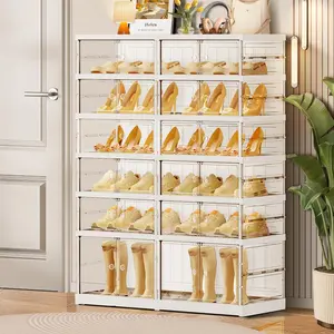6-Tier Foldable Shoe Rack for Closet Entryway 12-24Pairs,Stackable Clear Shoe Storage Boxes Organizer with Door Plastic Shoe Cabinet Bins with Lids Shoes Shelf Easy Assembly Large White