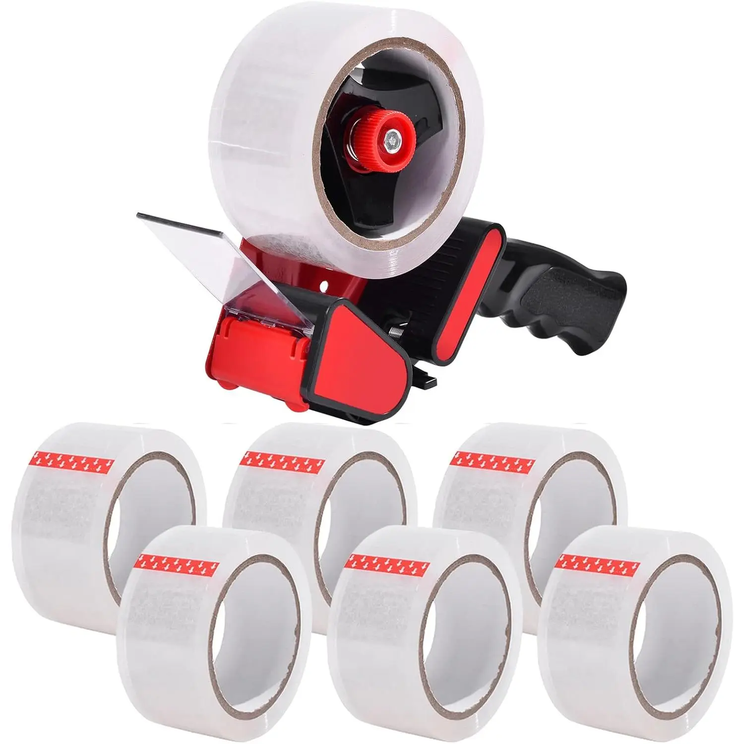 Heavy Duty Tape Dispenser with 6 Clear Packaging Tapes - 48cm X 66m - Metal Dispenser for Moving Boxes, Warehouses or General Packing