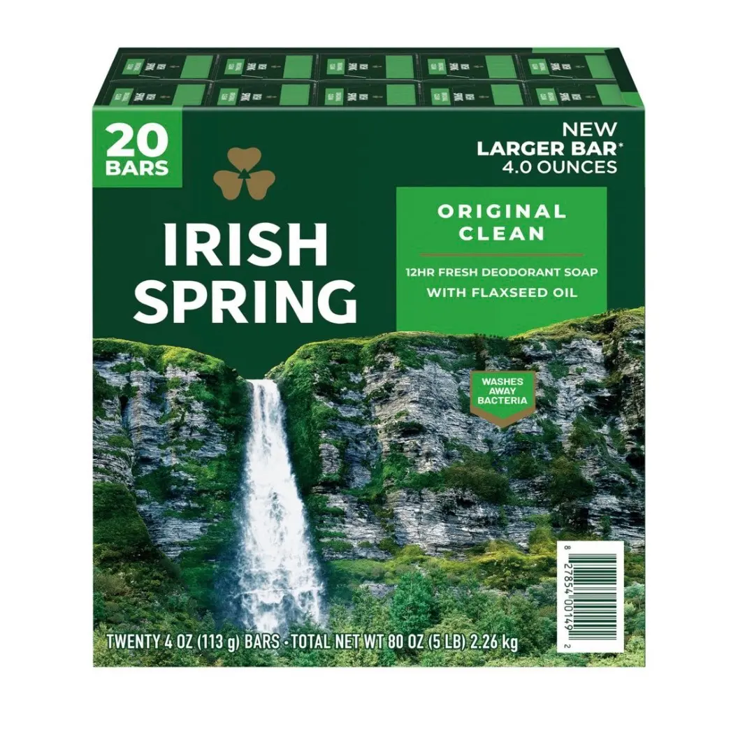 Irish Spring Original Clean Bar Soap for Men 4 Ounce (Pack of 20) Body Care Cleansing Daily Scent Moisturizers