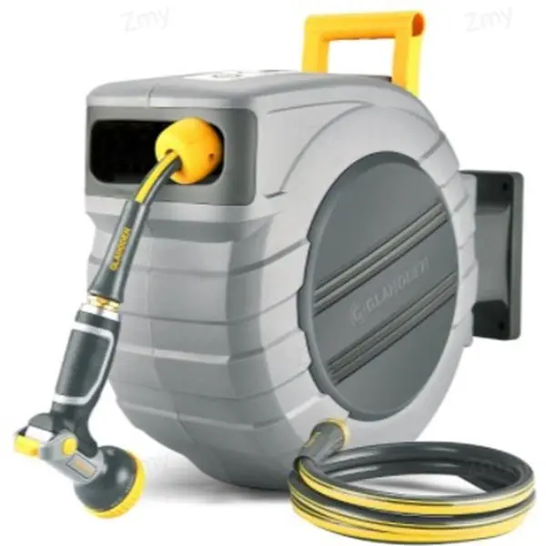 GLAHODEN Retractable Garden Hose Reel, 5/8 Inch x 100 ft Wall Mounted,Metal Bracket,Heavy Duty with 9-Pattern Nozzle, Adjustable Length Lock, Upgraded