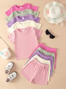 Girls' 10-Piece Set, Casual Solid Color Pleated Soft Knit Short Sleeve T-Shirt and Shorts, Comfortable Outdoor Wear for Spring and Summer, Summer Clothing Set
