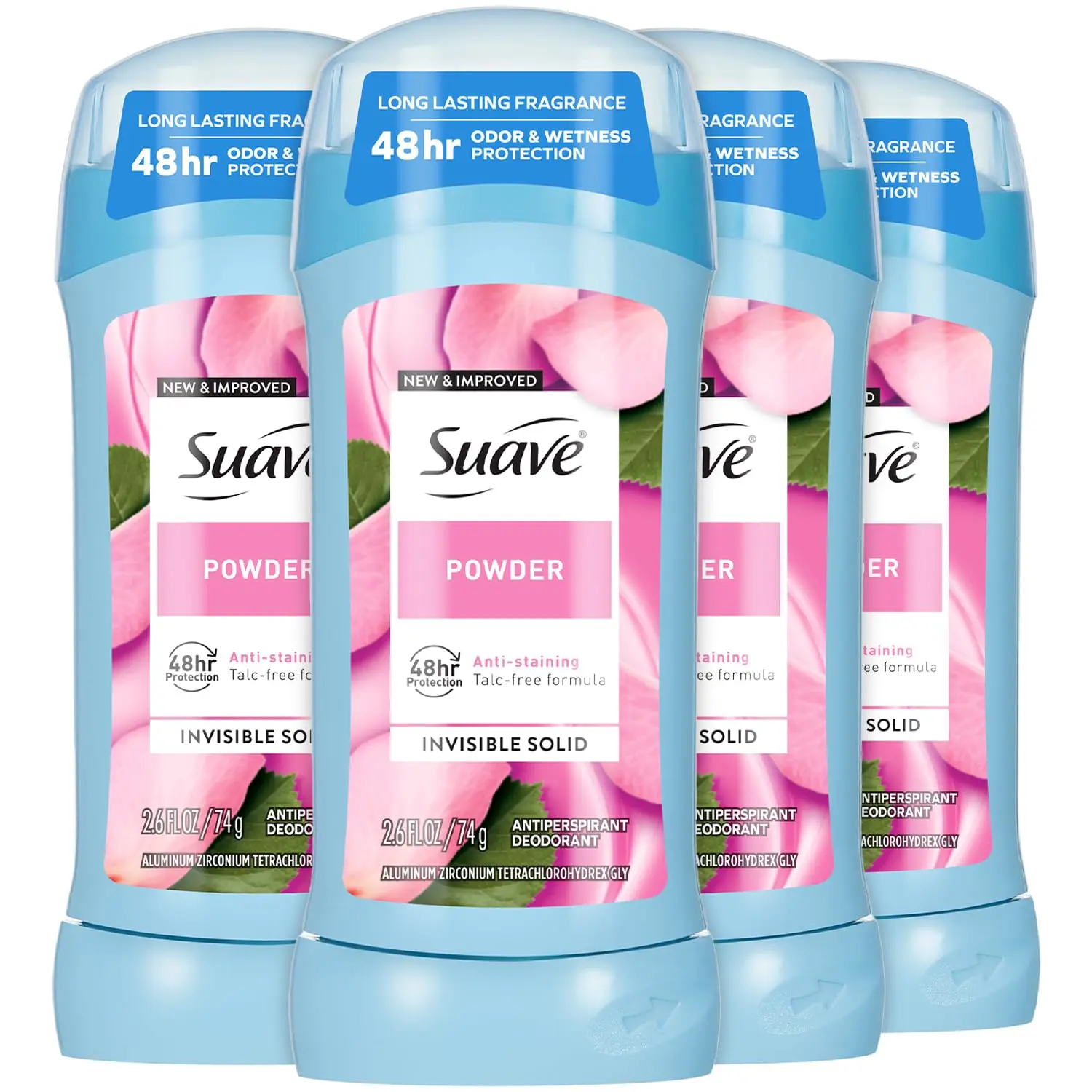 Suave Antiperspirant Deodorant for Women, Powder 4-Pack, 2.6 Oz Ea | Anti-Staining Invisible Solid Stick, 48-Hour Sweat and Odor Protection, Talc-Free, Long-Lasting Powder Scent