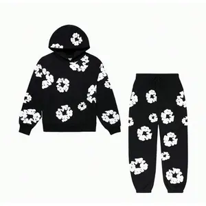 Y2K Oversized Flower Print Hoodie & Wide Leg Joggers Set - Cotton Loose Fit Shorts, Retro Unisex Tracksuit, Harajuku Streetwear, American Style Gym Outfits, Casual Distressed Tee