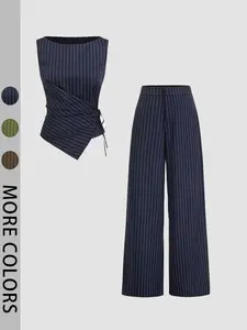 Women's Striped Tie-Back Vest Top and Straight Leg Pants Set, Elegant Slim-Fitting Outer Vest Suit for All Seasons