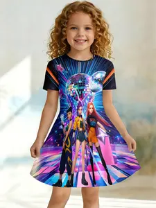 Sweet Cool Stage Style Kids Dress, Huntrx Disco Ball Anime Trio Print, Casual Fitted Knee Length, Asymmetrical Design, Short Sleeve, Sparkly Glitter Dresses