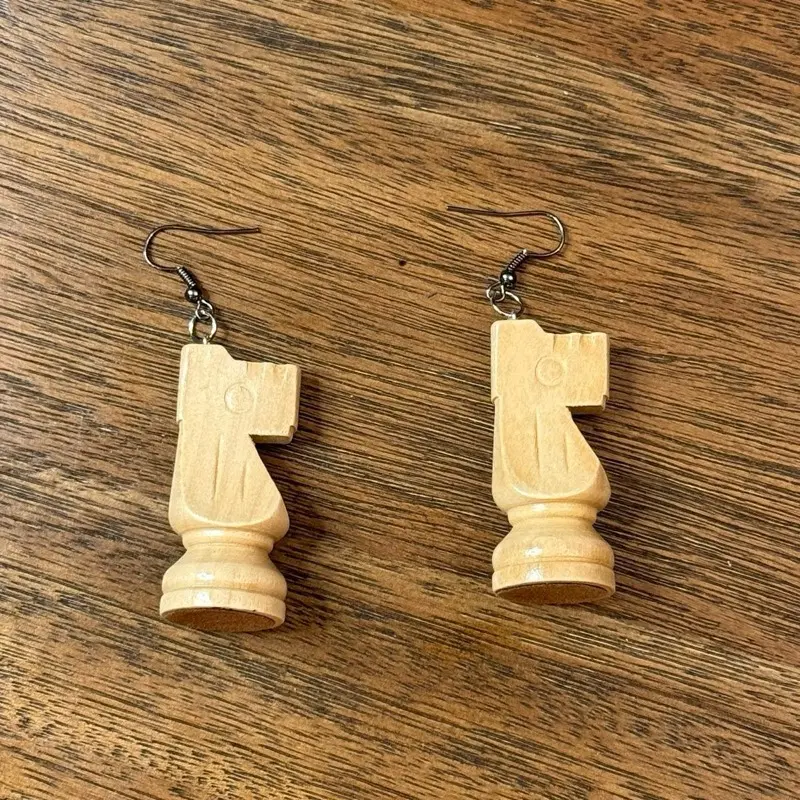 White Knight Chess Piece Earrings - Unique Design Wooden Style Hook Earrings for Chess Enthusiasts