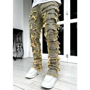 Stretchy Vintage Be Stacked Jeans For Men Premium Raw Frayed Denim Destroyed Washed Patchworks Pants New springtok