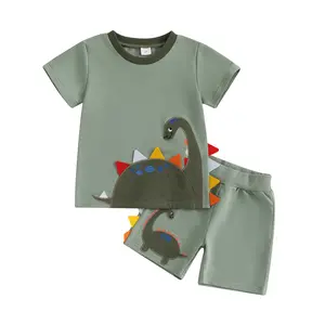Baby Boy 2-Piece Summer Clothing Set, Dinosaur Applique Short-Sleeve T-Shirt, Elastic Waist Casual Shorts